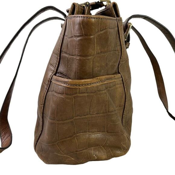 Perlina Womens Brown Croc Embossed Leather Double Handle Shoulder Bag Purse - Picture 10 of 16